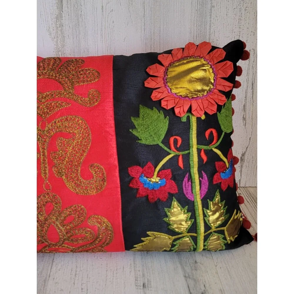 Pier One rectangle flower pom‎ pom pillow decor